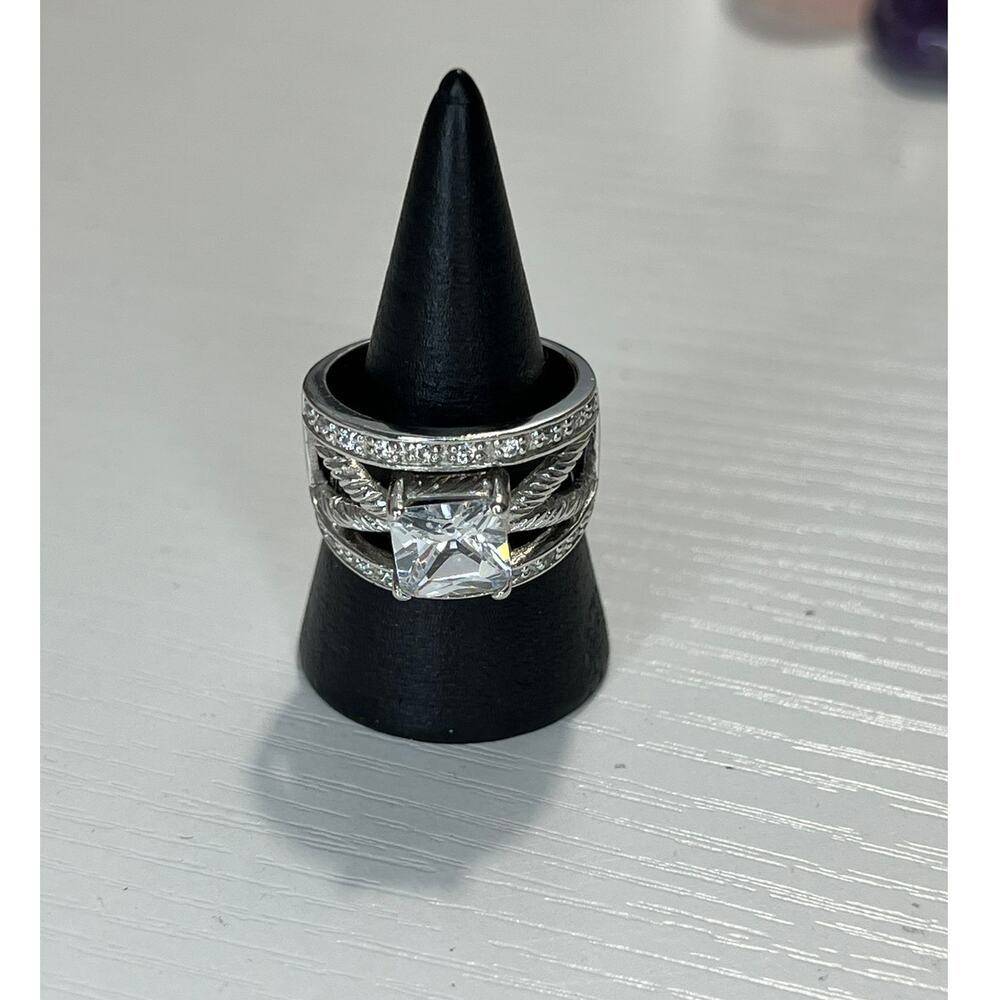 Womens 925 Sterling Silver Statement Ring Princess Cut Crystal NWT Size 7